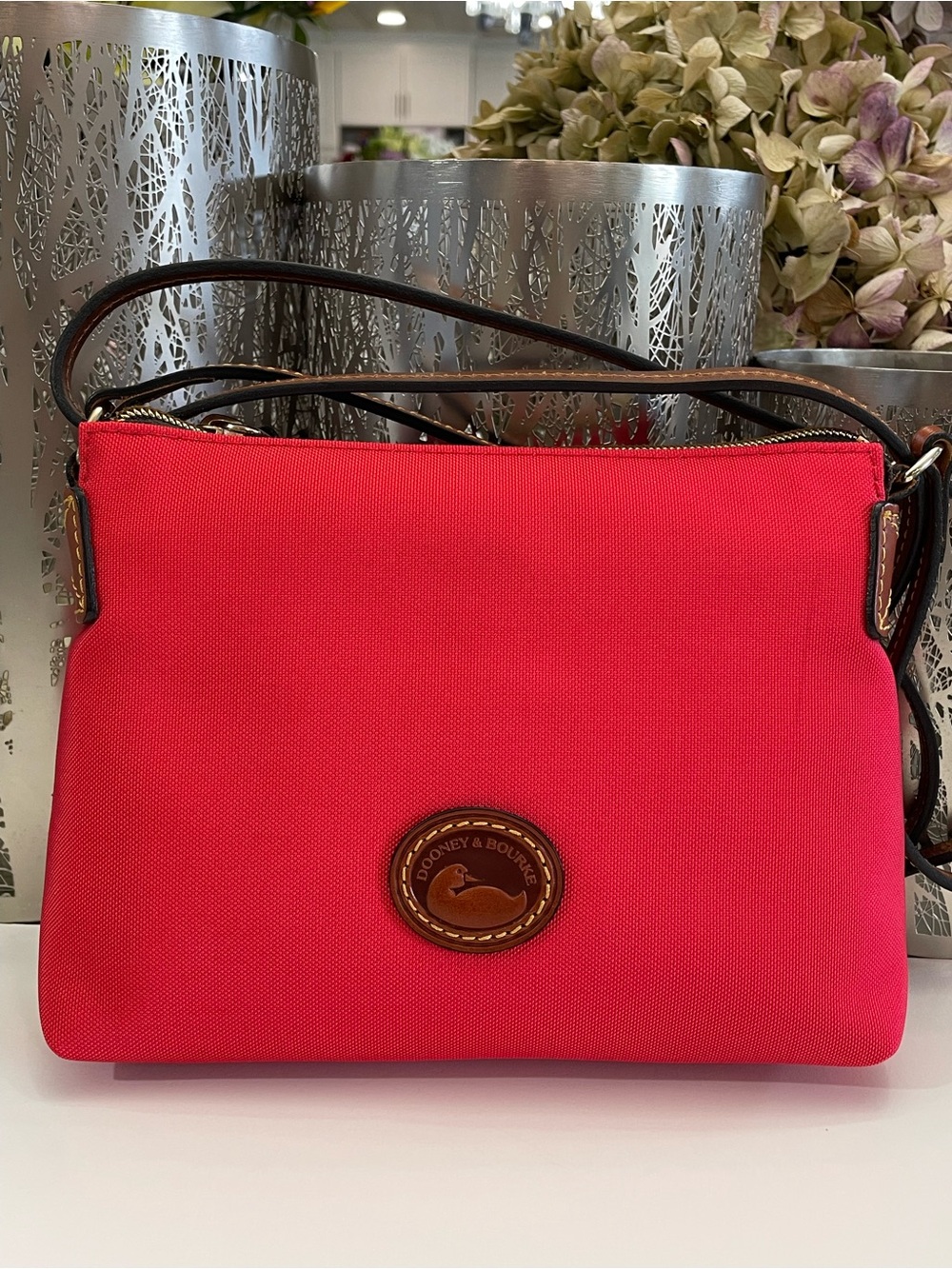 Dooney & Bourke Bright Red Crossbody with Brown Leather Trim